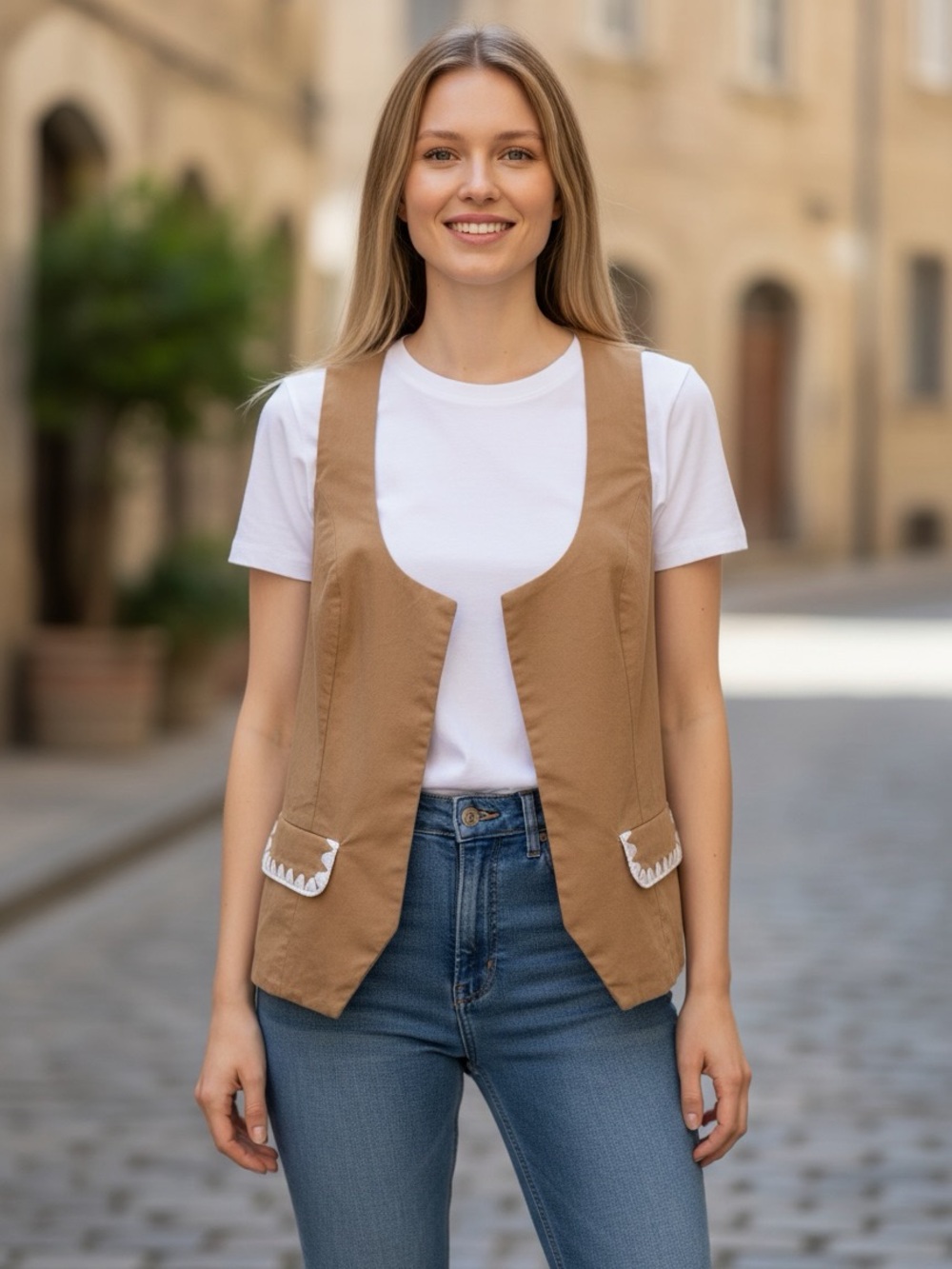 Mon Renn Shark Tooth Pocket Utility Vest Tan Size M (US 10)